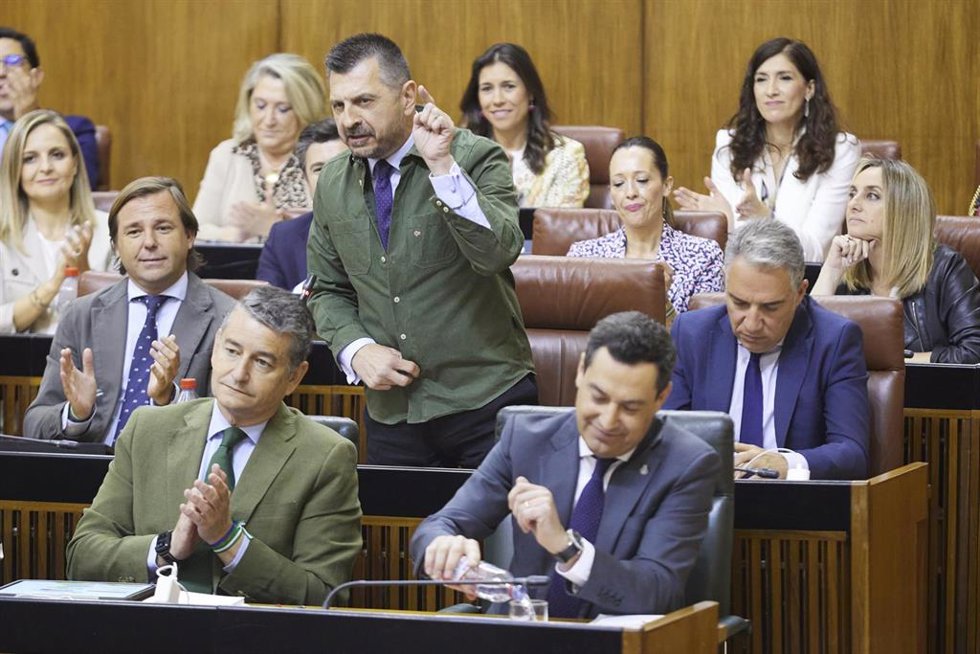 El portavoz del Grupo Popular, Toni Martín, este jueves en el Parlamento de Andalucía durante las preguntas al presidente de la Junta de Andalucía, Juanma Moreno.