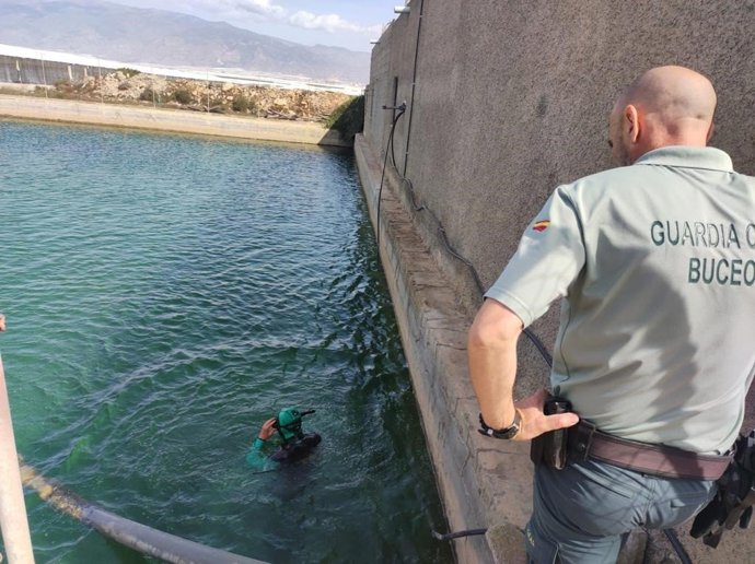 Efectivos de los GEAS de la Guardia Civil buscan al hombre desaparecido en Almería en una balsa de San Agustín, en El Ejido (Almería).