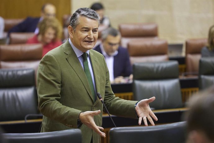 El consejero de Presidencia, Interior y Diálogo Social de la Junta de Andalucía, Antonio Sanz, responde a una pregunta oral durante la segunda jornada del Pleno del Parlamento andaluz en el Parlamento de Andalucía