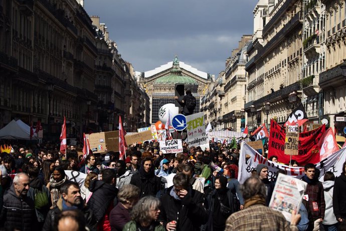April 13, 2023, Paris, France, France: Demonstration on the 12th day of action after the government pushed a pensions reform through parliament without a vote, using the article 49.3 of the constitution. France faced nationwide protests and strikes to d