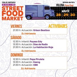Cartel del Street Food Market que se celebrará del 28 al 30 de abril en Villena (Alicante).