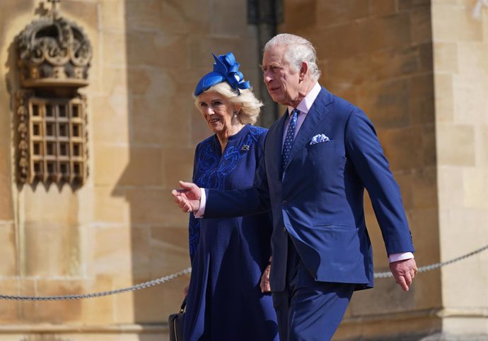 09 April 2023, United Kingdom, Windsor: King Charles III and Camilla, Queen Consort attend the Easter Service at St George's Chapel in Windsor Castle. Photo: Yui Mok/PA Wire/dpa