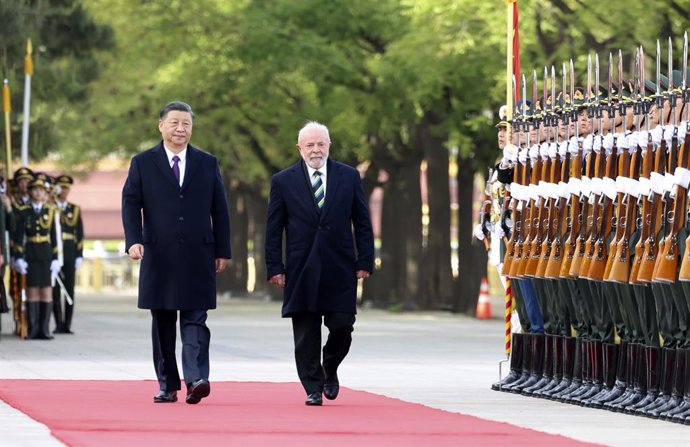 BEIJING, April 14, 2023  -- Chinese President Xi Jinping holds a welcoming ceremony for Brazilian President Luiz Inacio Lula da Silva at the square outside the east entrance of the Great Hall of the People prior to their talks in Beijing, capital of Chi