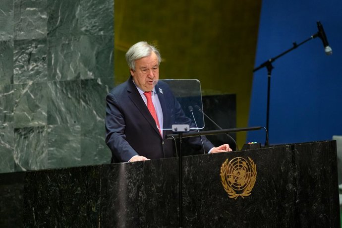 UNITED NATIONS, April 14, 2023  -- UN Secretary-General Antonio Guterres speaks at an event to commemorate the International Day of Reflection on the 1994 Genocide Against the Tutsi in Rwanda at the UN headquarters in New York, on April 14, 2023. Guterr