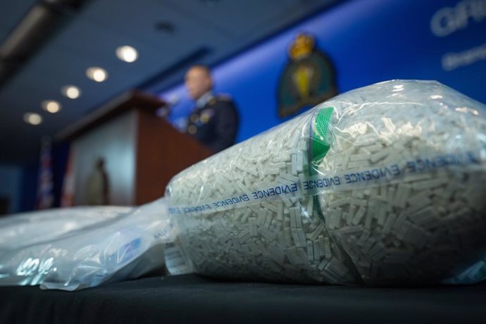 March 16, 2023, SURREY, BC, CANADA: Pills that were seized are displayed during a news conference at RCMP headquarters, in Surrey, B.C., on Thursday, March 16, 2023. Mounties announced they have arrested numerous people and seized chemicals capable of p