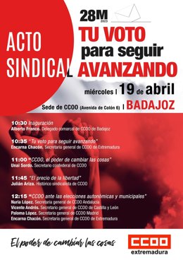 Programa del acto de CCOO en Badajoz el 19 de abril.