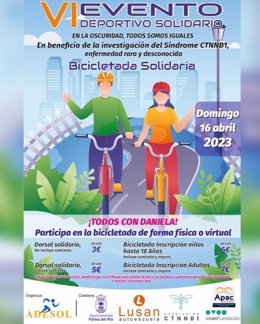 Cartel de la bicicletada solidaria para el día 16 de abril en Palma del Río para recaudar fondos que ayuden a investigar el síndrome Ctnnb1, que afecta a Daniela, una niña de tres años vecina del municipio.