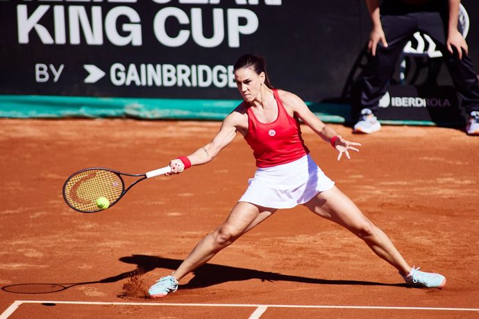 Nuria Parrizas of Spain in action during Billie Jean King Cup, tennis match played between Spain and Mexico at Puente Romano on April 15, 2023, in Malaga, Spain.