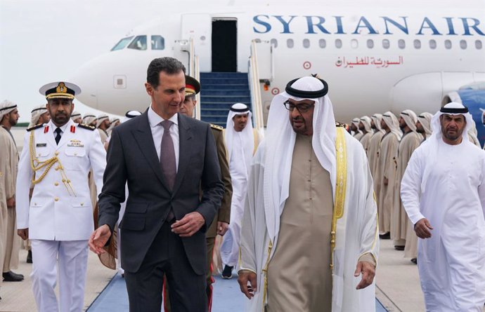 March 19, 2023, Abu Dhabi, Abu Dhabi, United Arab Emirates: Emirati President Sheikh Mohamed bin Zayed al-Nahyan welcoming his Syrian counterpart Bashar al-Assad in Abu Dhabi on March 19, 2023