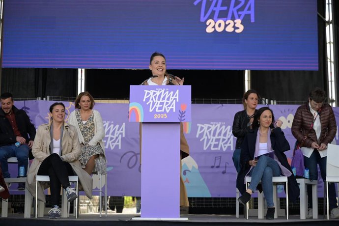 La candidata de Podemos a la Presidencia del Gobierno de Aragón, Maru Díaz, interviene en la Fiesta de la Primavera de Podemos, a 15 de abril de 2023, en Zaragoza, Aragón (España). 