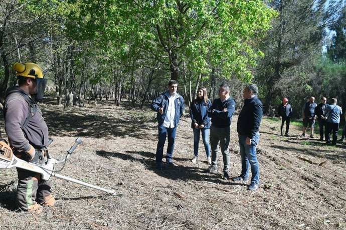 El conselleiro do Medio Rural, José González, supervisa las tareas de desbroce en un polígono agroforestal en Ourense.