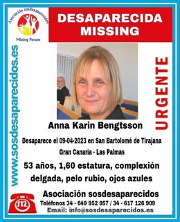 La asociación 'sosdesaparecidos' ha lanzado un mensaje de ayuda para tratar de localizar a Anna Karin Bengtsson, una mujer de 53 años desaparecida hace una semana en el municipio de San Bartolomé de Tirajana, en Gran Canaria