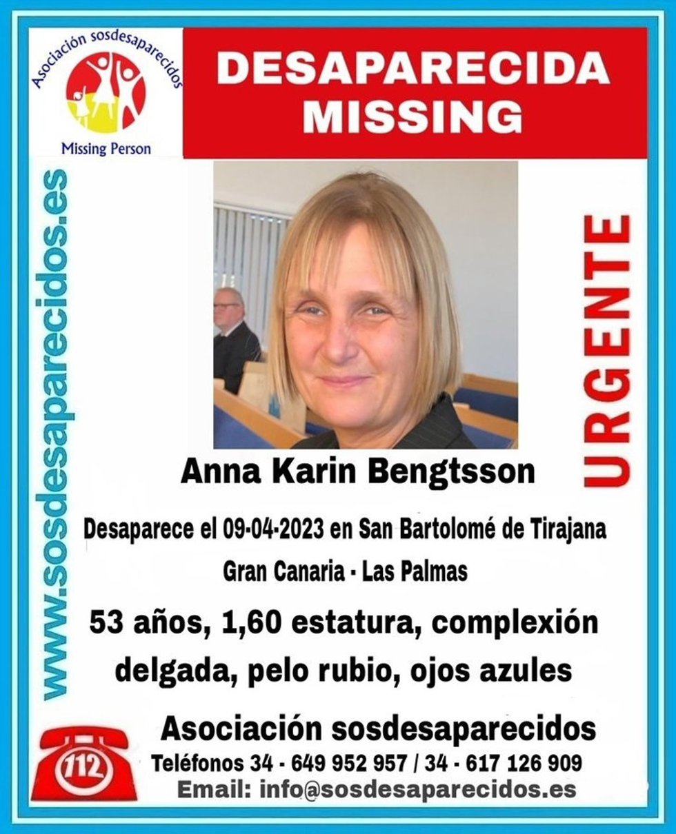 La asociación 'sosdesaparecidos' ha lanzado un mensaje de ayuda para tratar de localizar a Anna Karin Bengtsson, una mujer de 53 años desaparecida hace una semana en el municipio de San Bartolomé de Tirajana, en Gran Canaria