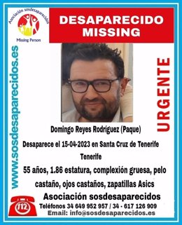 La asociación 'sosdesaparecidos' ha lanzado un mensaje de ayuda para tratar de localizar a Domingo Reyes Rodríguez, un varón de 55 años desaparecido en Santa Cruz de Tenerife, según ha informado a través de su cuenta oficial de Twitter.