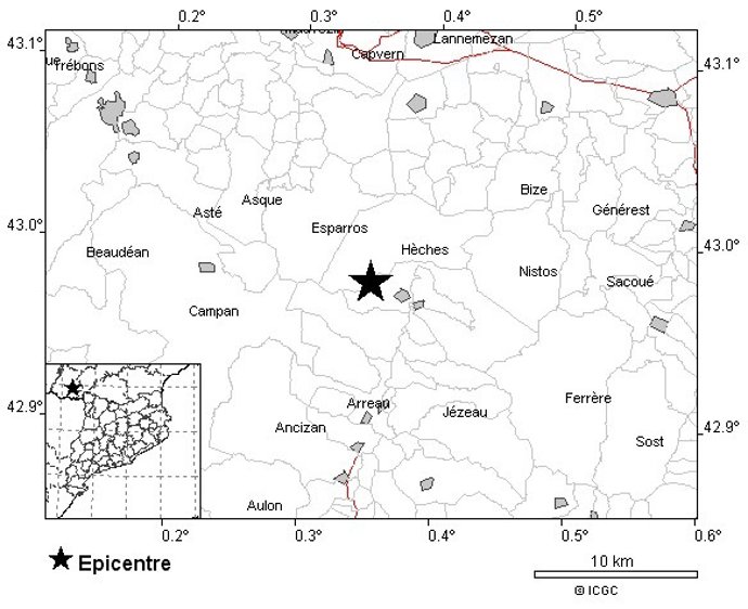 Zona epicentral del terremoto de magnitud 4,3 en Hautes-Pyrénées (Francia).