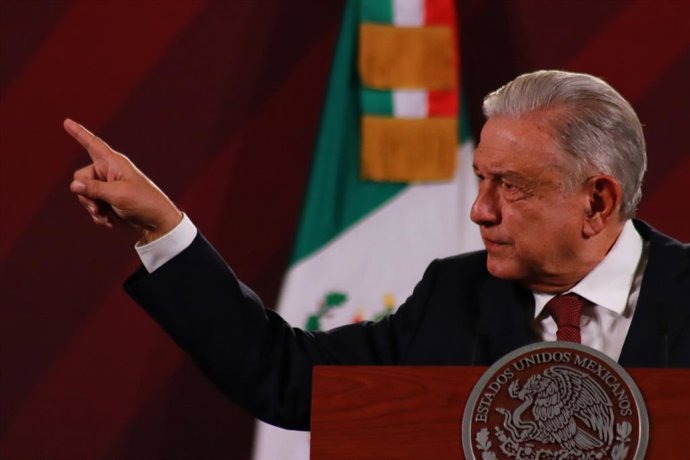 April 14, 2023, Mexico City, Mexico: April 14, 2023, Mexico City, Mexico: Mexico's President, Andres Manuel Lopez Obrador, speaks during his briefing conference this Friday at National Palace. on April 14, 2023 in Mexico City, Mexico. (Photo by Carlos S