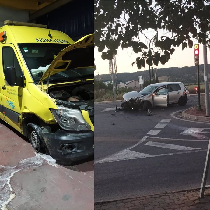 Estado en que quedaron tras el accidente la ambulancia y el turismo accidentados.