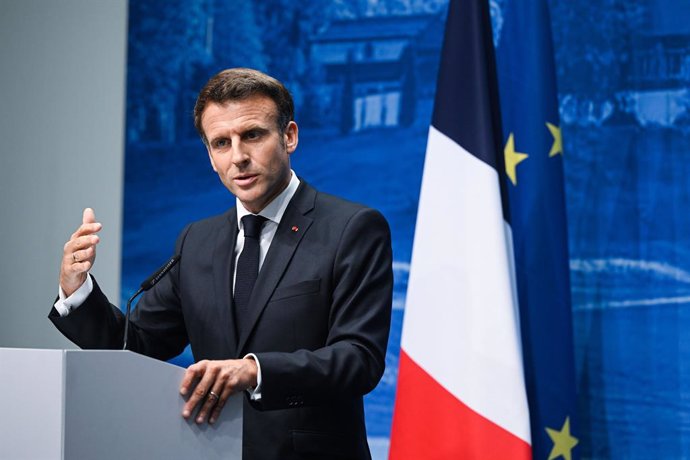 Archivo - 28 June 2022, Bavaria, Elmau: President of France Emmanuel Macron speaks during a press conference at the end of the G7 summit at Schloss Elmau. Photo: Sven Hoppe/dpa