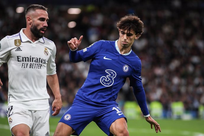 Daniel Carvajal of Real Madrid and Joao Felix of Chelsea in action during the UEFA Champions League, Quarter Finals round 1, football match between Real Madrid and Chelsea FC at Santiago Bernabeu stadium on April 12, 2023, in Madrid, Spain.