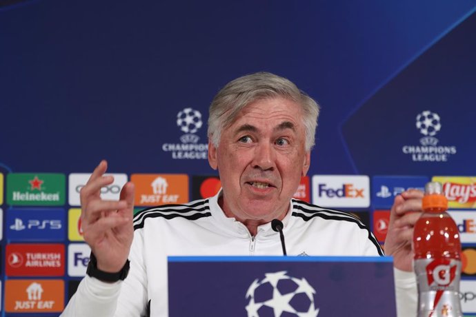 11 April 2023, Spain, Madrid: Real Madrid head coach Carlo Ancelotti attends a press conference for the team ahead of Wednesday's UEFA Champions League Quarter Final, First Leg soccer match against Chelsea. Photo: -/Lapresse.Chechu/LaPresse via ZUMA Pre