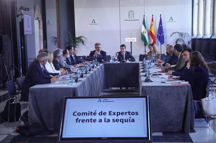 El presidente de la Junta de Andalucía, Juanma Moreno, ha presidido este martes la reunión del Comité de Expertos de la Sequía, en el Palacio de San Telmo de Sevilla