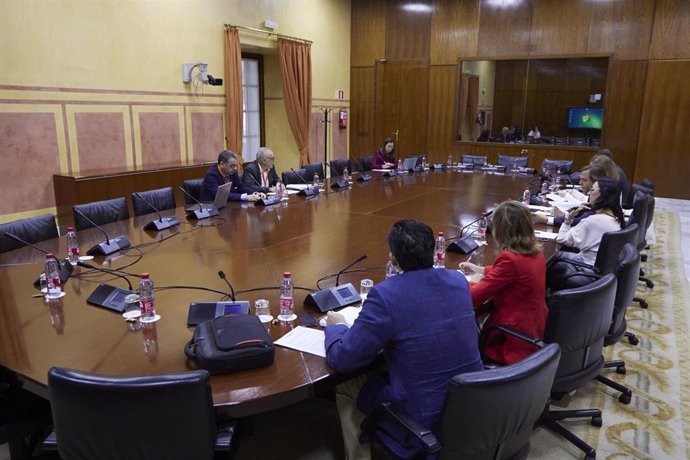 El presidente de la Confederación Hidrográfica del Guadalquivir, Joaquín Páez, comparece durante el grupo de trabajo relativo a medidas urgentes para combatir la sequía en Andalucía en el Parlamento de Andalucía, a 18 de abril de 2023 en Sevilla (Andalu