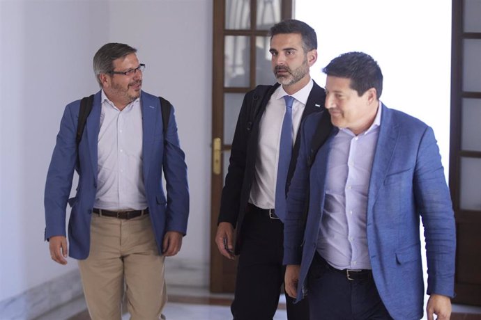 El consejero de Sostenibilidad y portavoz del Gobierno andaluz, Ramón Fernández-Pacheco, en el centro de la imagen, este martes antes de su comparecencia rodeado por los parlamentarios del PP Alejandro Romero (i) y Francisco Oblaré (d).