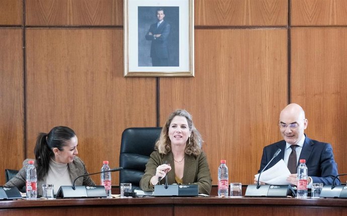 La vicepresidenta primera del Parlamento, Ana Mestre (c), preside una reunión de la Junta de Portavoces junto al Letrado Mayor del Parlamento, Manuel Carrasco.
