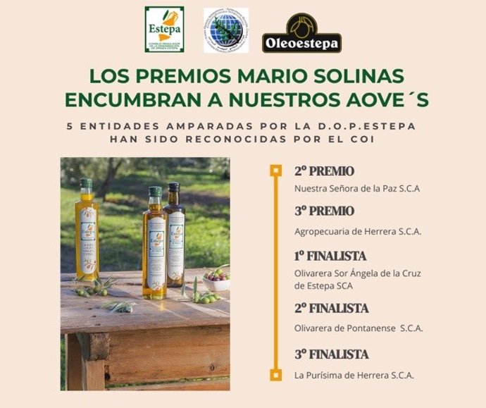 Cartel de los premios internacionales 'Mario Solinas' a aceites de oliva virgen extra.