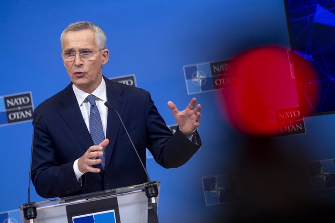 HANDOUT - 03 April 2023, Belgium, Brussels: NATO Secretary General Jens Stoltenberg speaks during a pre-ministerial press conference, ahead of the NATO foreign ministers meeting, at NATO headquarters in Brussels. Photo: -/NATO/dpa - ATTENTION: editorial