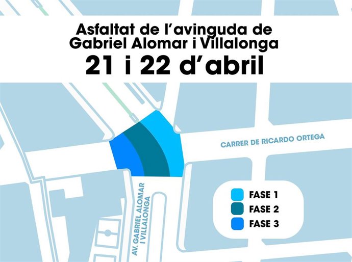 Gráfico de las actuaciones del Ayuntamiento de Palma para el asfaltado de la avenida Gabriel Alomar, en el cruce con la calle General Ricardo Ortega.