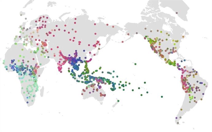 El código de colores representa la distribución de idiomas de acuerdo con los tres primeros componentes principales de un análisis de componentes principales mapeado en el espacio de color RGB (PC1 = rojo, PC2 = verde y PC3 = azul).