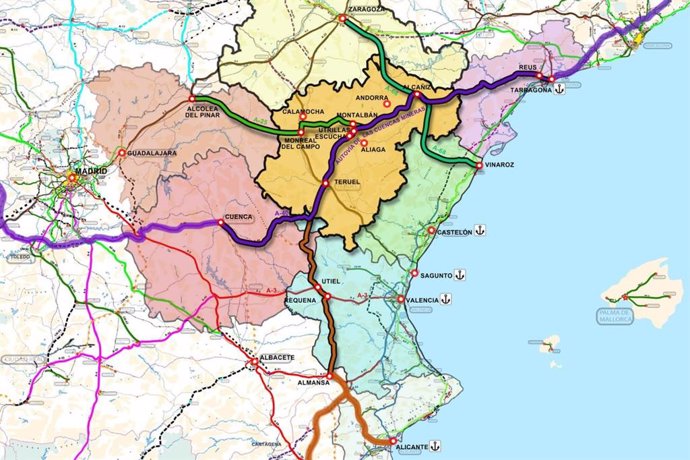 Mapa de la propuesta realizada por Teruel Existe para crear un 'Arco Mediterráneo interior'.