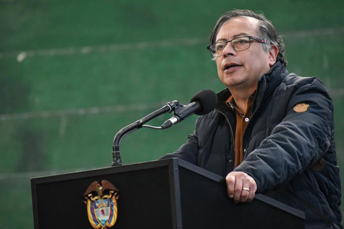 April 13, 2023, Bogota, Cundinamarca, Colombia: Colombian president Gustavo Petro speaks during a local event delivering groceries to small market business owners in the southern Colombian city of Pasto, April 13, 2023.
