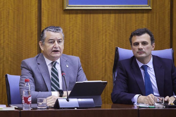 El consejero de la Presidencia, Antonio Sanz, este jueves en su comparecencia parlamentaria en comisión, junto al presidente de éste, Bruno García. 