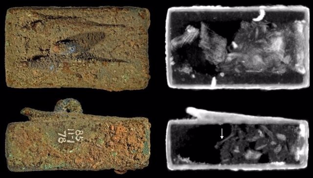 Animal coffin with a bow EA27584, surmounted by two lizard figures (top and side view). Neutron images show textile wrappings and an 8-mm long bone (arrow);  from the port of Naukratis in the western Nile delta