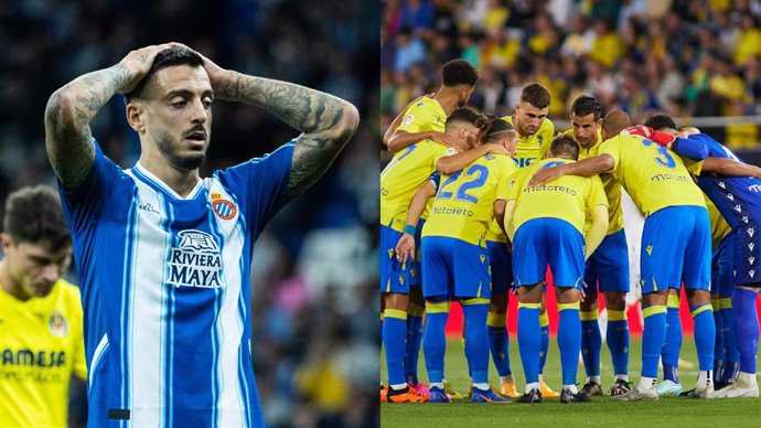 Joselu Mato (Espanyol) y jugadores del Cádiz.