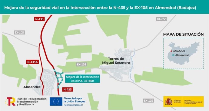 Aprobado provisionalmente el nuevo trazado entre la N-435 y EX-105 en Almendral