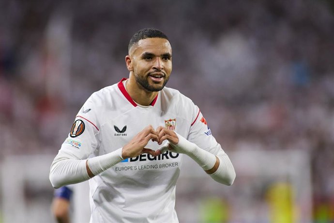 Youssef En-Nesyri of Sevilla FC celebrates a goal during the UEFA Europa League, quarter final second leg, match between Sevilla FC and Manchester United at Estadio Ramon Sanchez Pizjuan on April 20, 2023 in Sevilla, Spain.