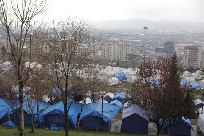 April 7, 2023, Kahramanmaras, Kahramanmaras province, Türkiye: Kahramanmaras, Türkiye. 07 April 2023. Earthquake survivors in a camp of make-shift tents in the Turkish city of Kaharmanmarash, following the devastating February's earthquakes in Turkey an