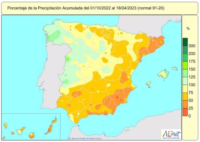 La media de precipitaciones recogidas en España del 1 de octubre de 2022 al 18 de abril de 2023 está un 23% por debajo de lo normal.