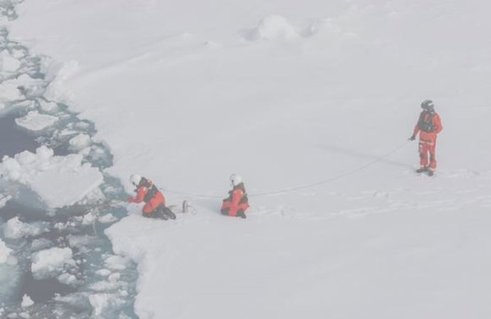 Científicos están investigando cuánto microplástico hay en los agregados del alga helada Melosira arctica y el agua de mar directamente junto a los témpanos de hielo.