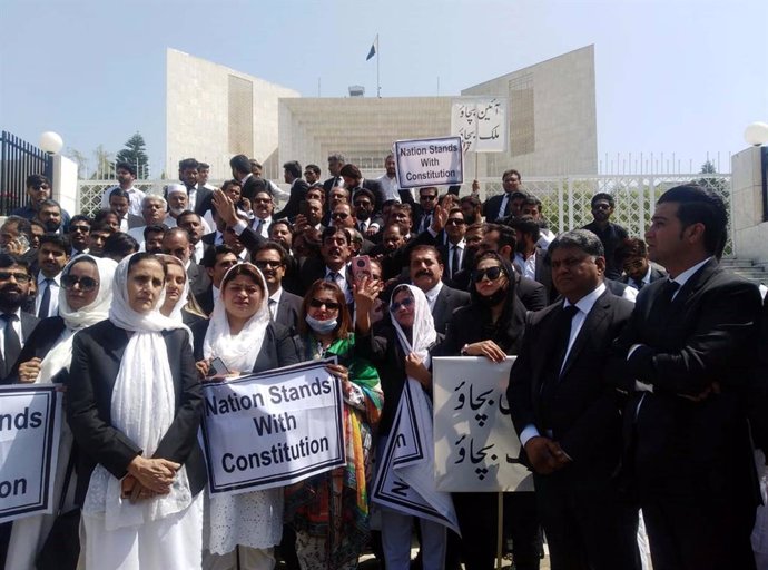 April 12, 2023, Pakistan: ISLAMABAD, PAKISTAN, APR 12: Lawyers are holding protest demonstration in favor of .Constitutions, outside Supreme Court of Pakistan in Islamabad on Wednesday, April 12, 2023.