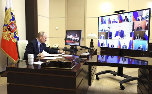 April 20, 2023, Novo-Ogaryovo, Moscow Oblast, Russia: Russian President Vladimir Putin chairs a virtual meeting of the Council for Local Self-Government Development from the official residence at Novo-Ogaryovo, April 20, 2023 outside Moscow, Russia.
