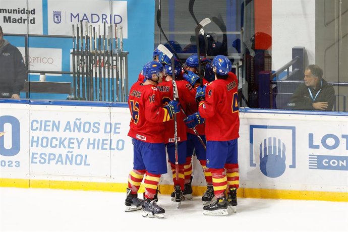 Dorian Donath of Spain celebrates a goal during the Ice Hockey World Championship, Division II, Group A, played at Ice Palace pavilion on April 19, 2023, in Madrid, Spain.