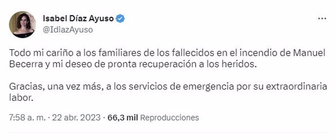 Tuit de Isabel Díaz Ayuso tras el incendio del restaurante de Manuel Becerra.
