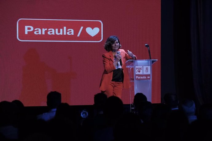 La diputada socialista y ex vicepresidenta del Gobierno, Carmen Calvo, en en la presentación de la candidatura del socialista Ángel Luis Guerrero al Ayuntamiento de Sant Josep (Ibiza)