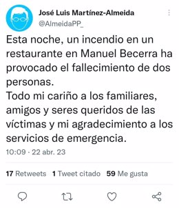 Tweet de José Luis Martínez Almeida en referencia al incendio de Manuel Becerra.