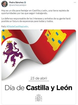 Captura del tuit publicado por Pedro Sánchez en el Día de CyL