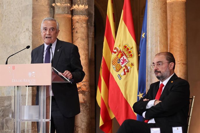 El presidente de las Cortes de Aragón, Javier Sada, interviene en la celebración del  Día de Aragón 2023, este  23 de Abril.